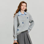 Women's Denim Flower Embroidery Fake Two Piece Splicing Sweatshirt