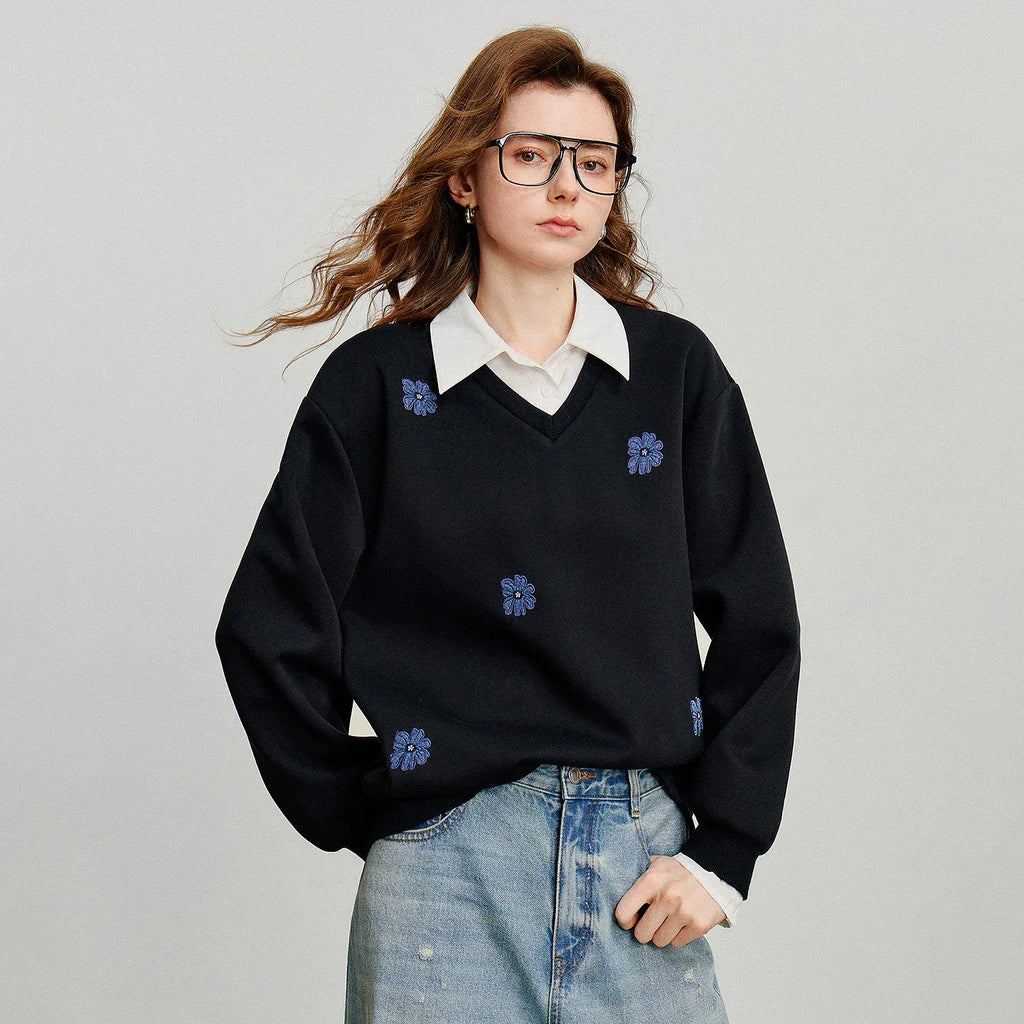 Women's Denim Flower Embroidery Fake Two Piece Splicing Sweatshirt