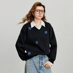 Women's Denim Flower Embroidery Fake Two Piece Splicing Sweatshirt