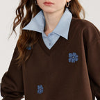 Women's Denim Flower Embroidery Fake Two Piece Splicing Sweatshirt