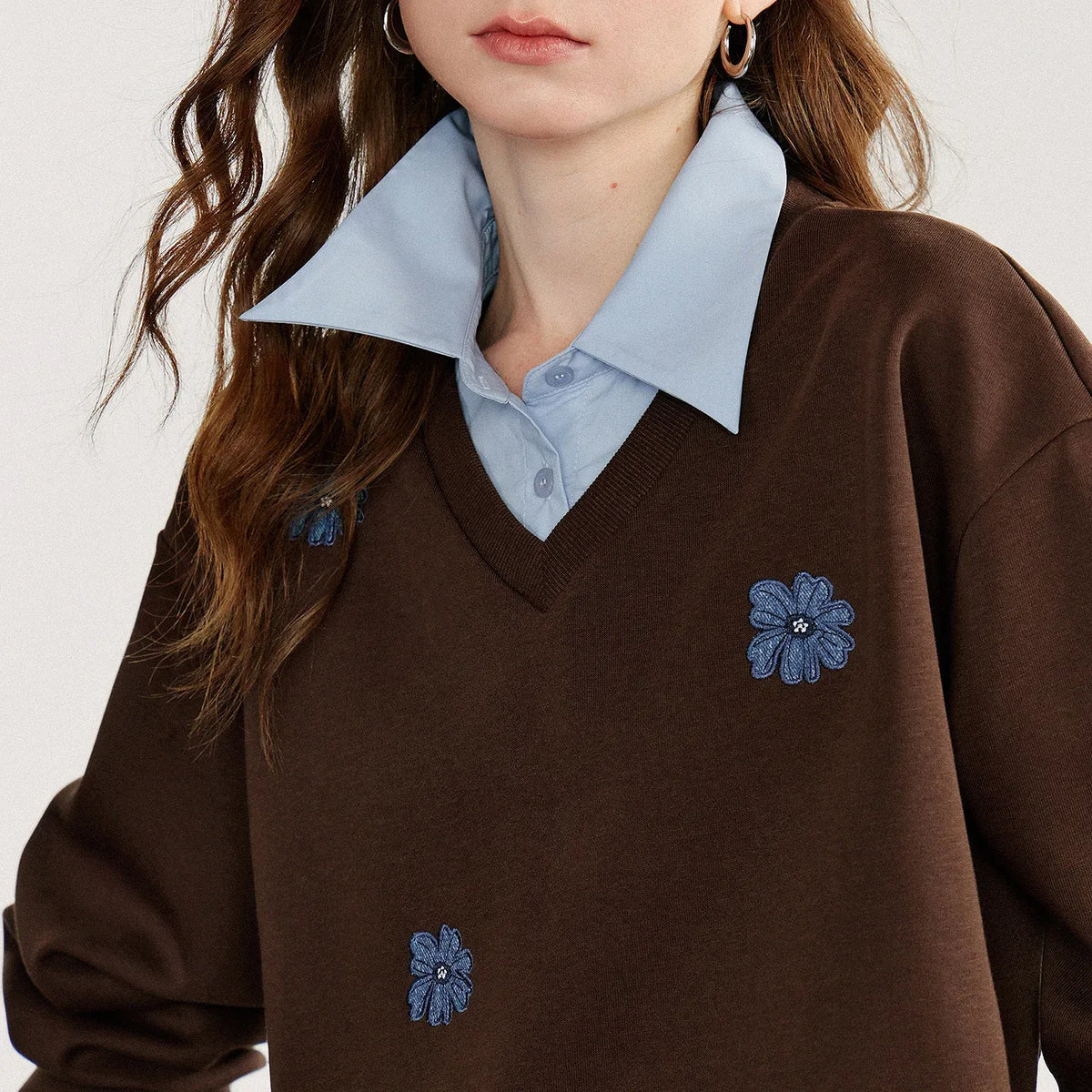 Women's Denim Flower Embroidery Fake Two Piece Splicing Sweatshirt