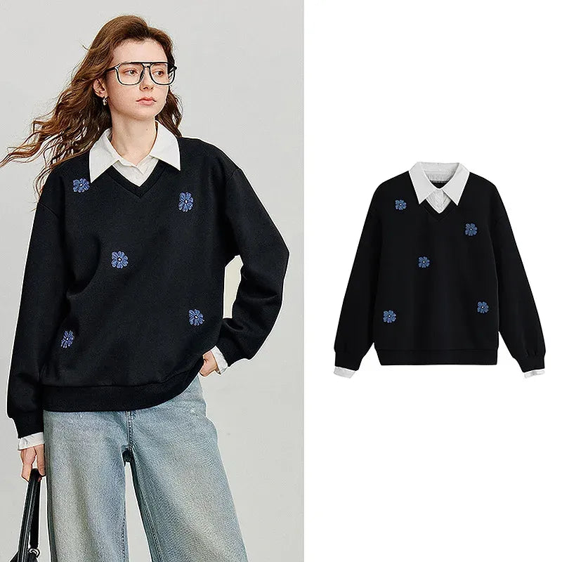Women's Denim Flower Embroidery Fake Two Piece Splicing Sweatshirt