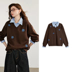 Women's Denim Flower Embroidery Fake Two Piece Splicing Sweatshirt