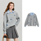 Women's Denim Flower Embroidery Fake Two Piece Splicing Sweatshirt