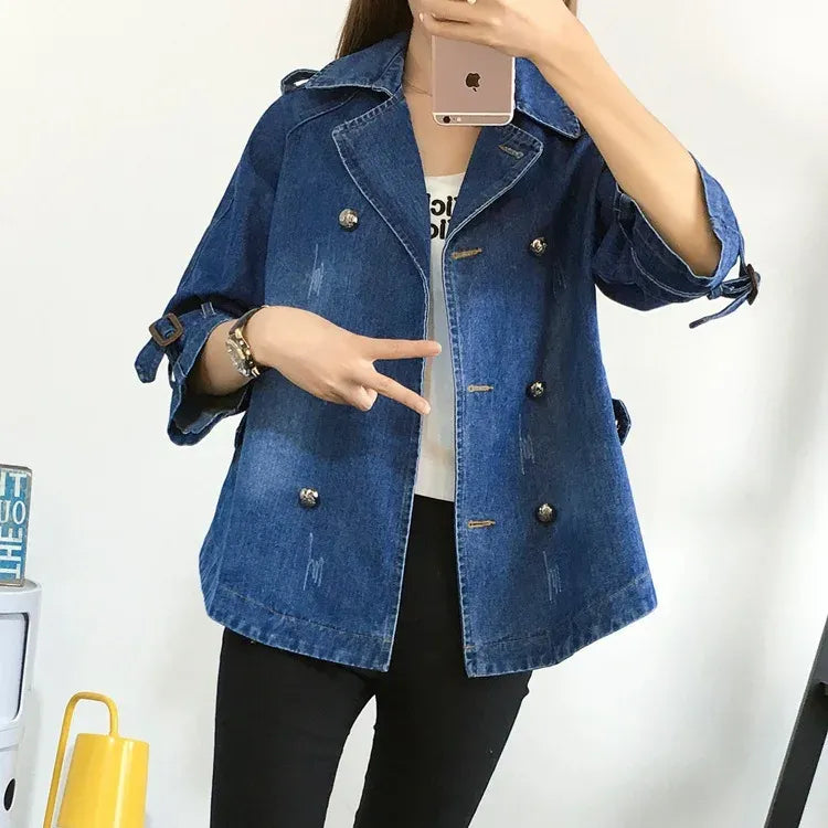 Women's Double Breasted Denim Cape Coat Windbreaker Jacket