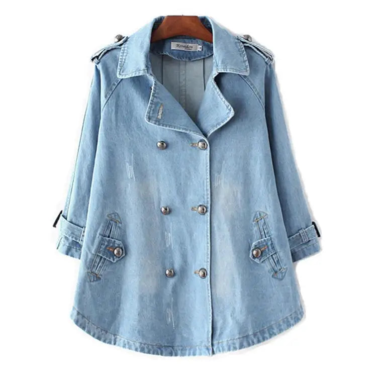 Women's Double Breasted Denim Cape Coat Windbreaker Jacket