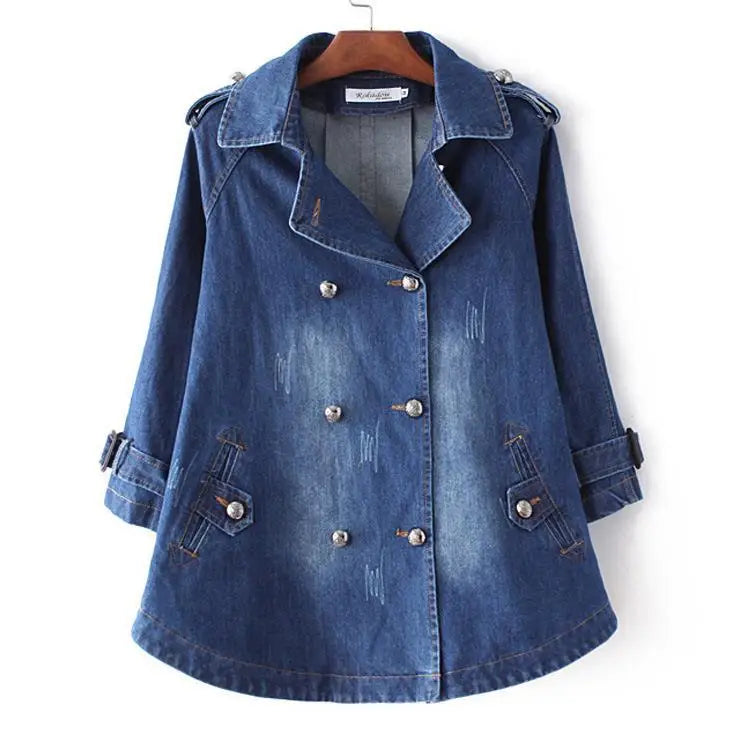 Women's Double Breasted Denim Cape Coat Windbreaker Jacket
