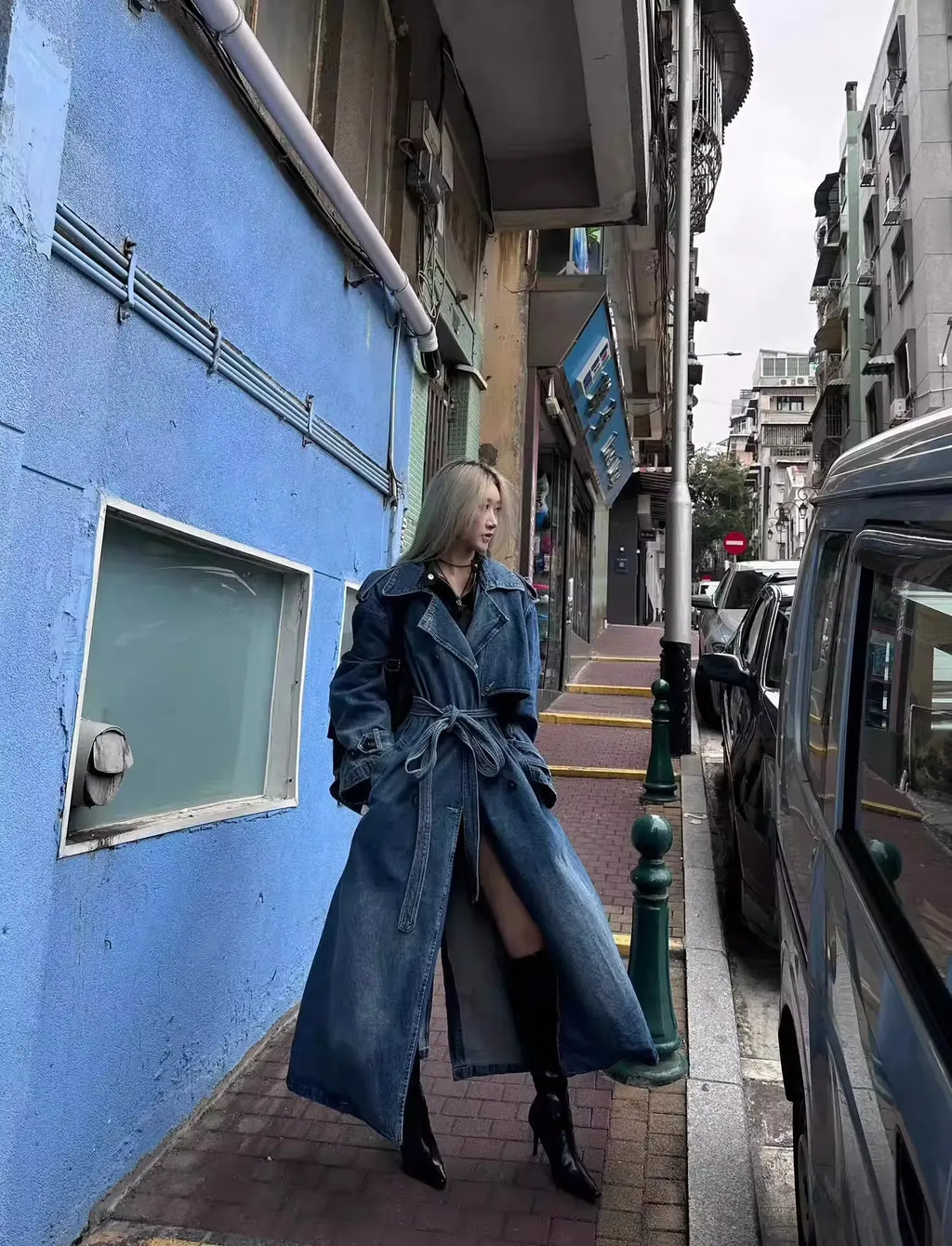 Women's Double Breasted Denim Casual Long Trench Coat