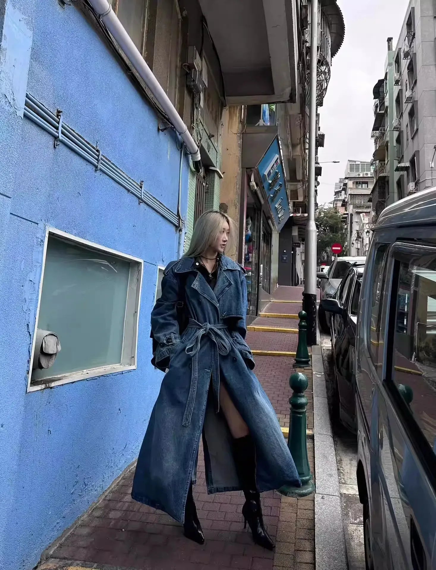 Women's Double Breasted Denim Casual Long Trench Coat