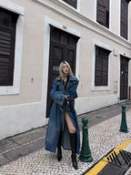 Women's Double Breasted Denim Casual Long Trench Coat