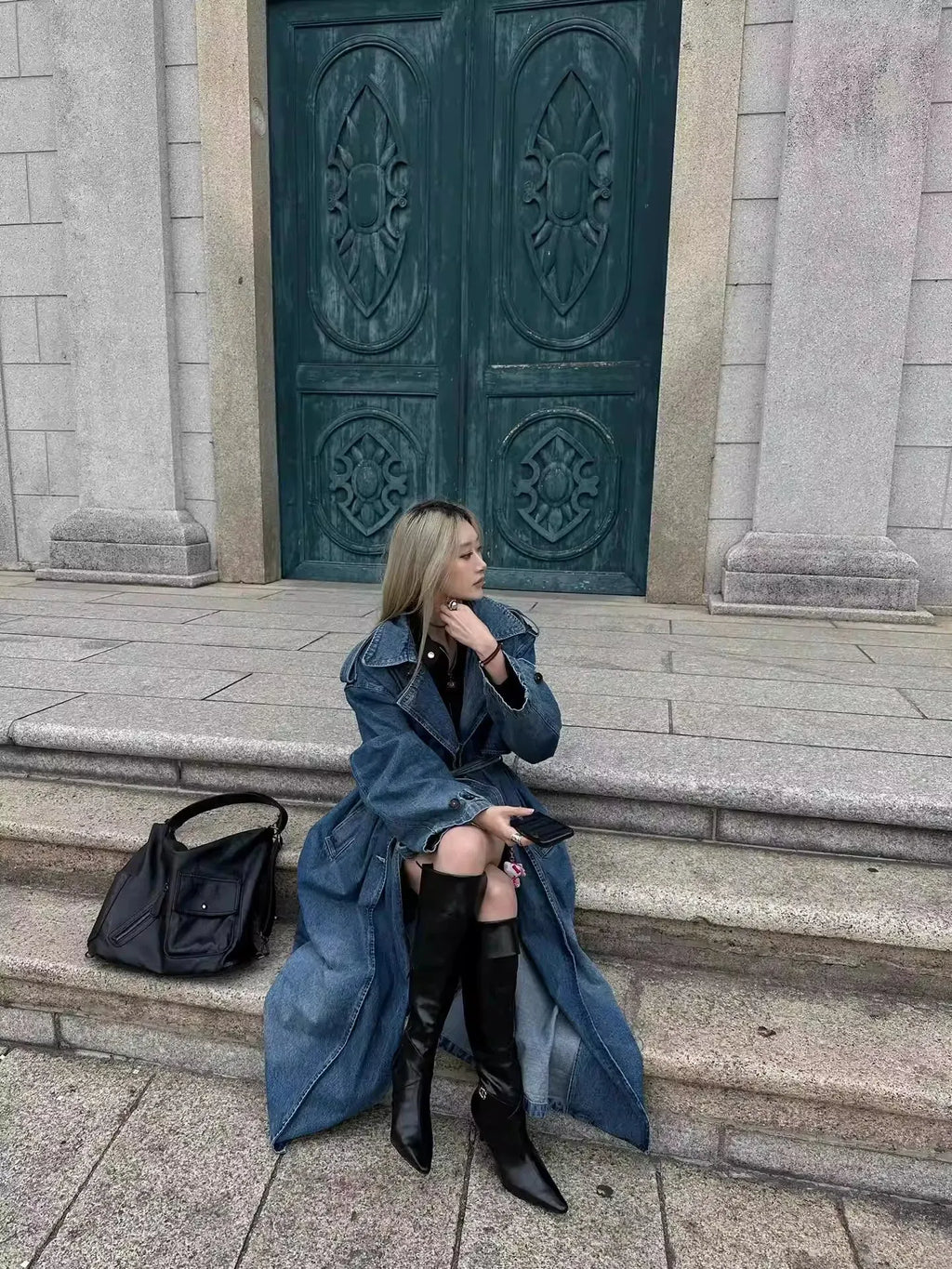 Women's Double Breasted Denim Casual Long Trench Coat
