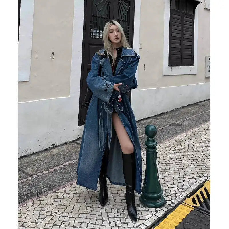 Women's Double Breasted Denim Casual Long Trench Coat