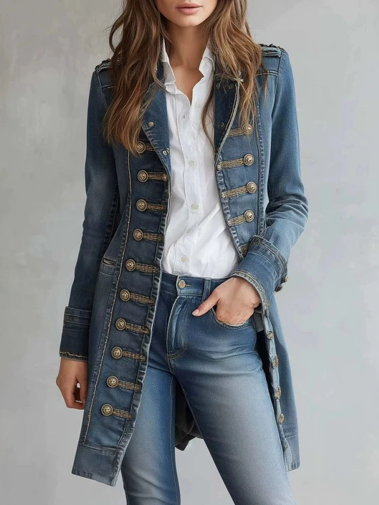 Women's Double Breasted Denim Lapel Mid Length Trench Coat Jacket