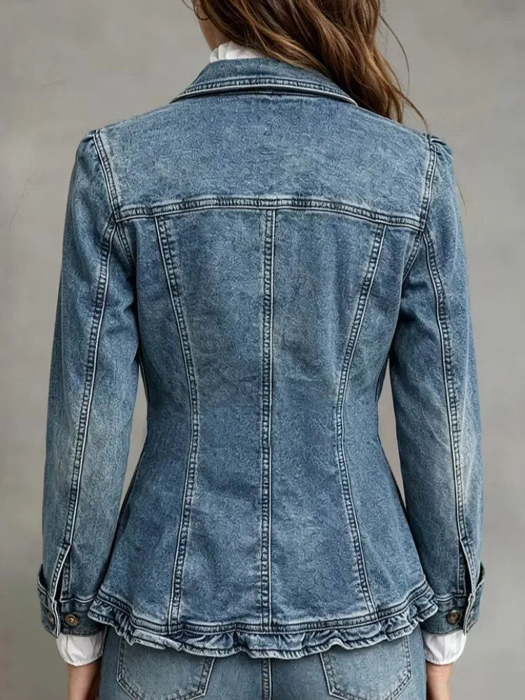 Women's Double Breasted Denim Ruffle Trench Coat Jacket