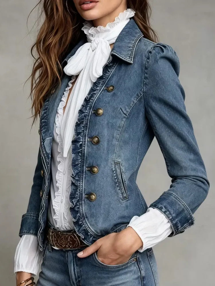 Women's Double Breasted Denim Ruffle Trench Coat Jacket