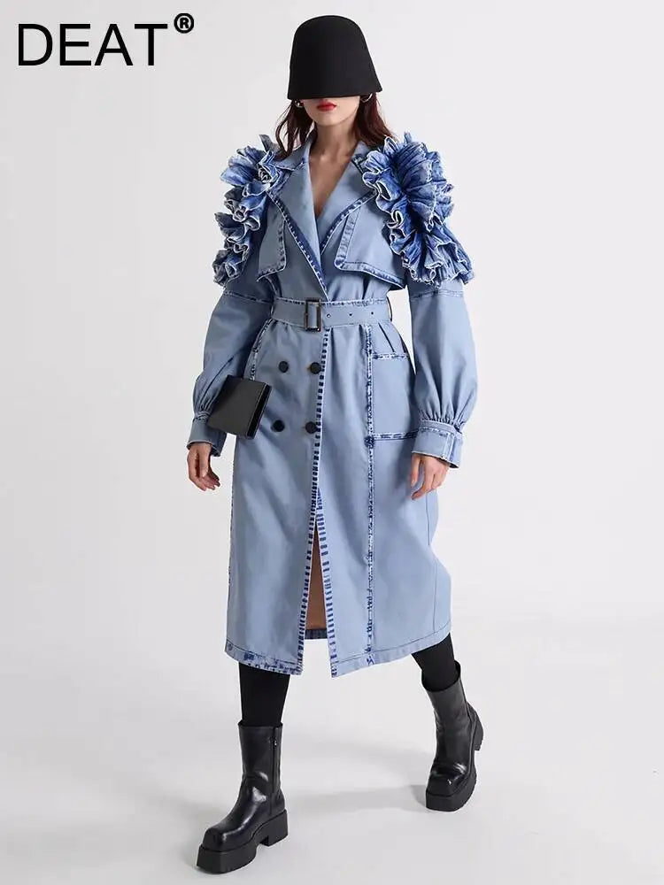 Women's Double Breasted Denim Ruffle Trench Coat Windbreaker Jacket