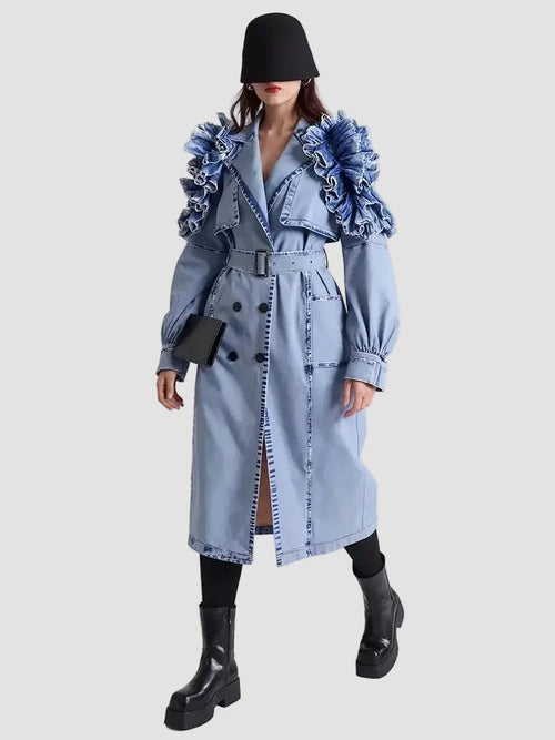 Women's Double Breasted Denim Ruffle Trench Coat Windbreaker Jacket