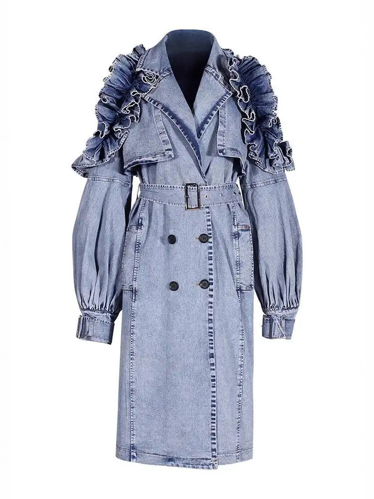 Women's Double Breasted Denim Ruffle Trench Coat Windbreaker Jacket