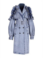 Women's Double Breasted Denim Ruffle Trench Coat Windbreaker Jacket