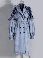 Women's Double Breasted Denim Ruffle Trench Coat Windbreaker Jacket