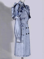 Women's Double Breasted Denim Ruffle Trench Coat Windbreaker Jacket