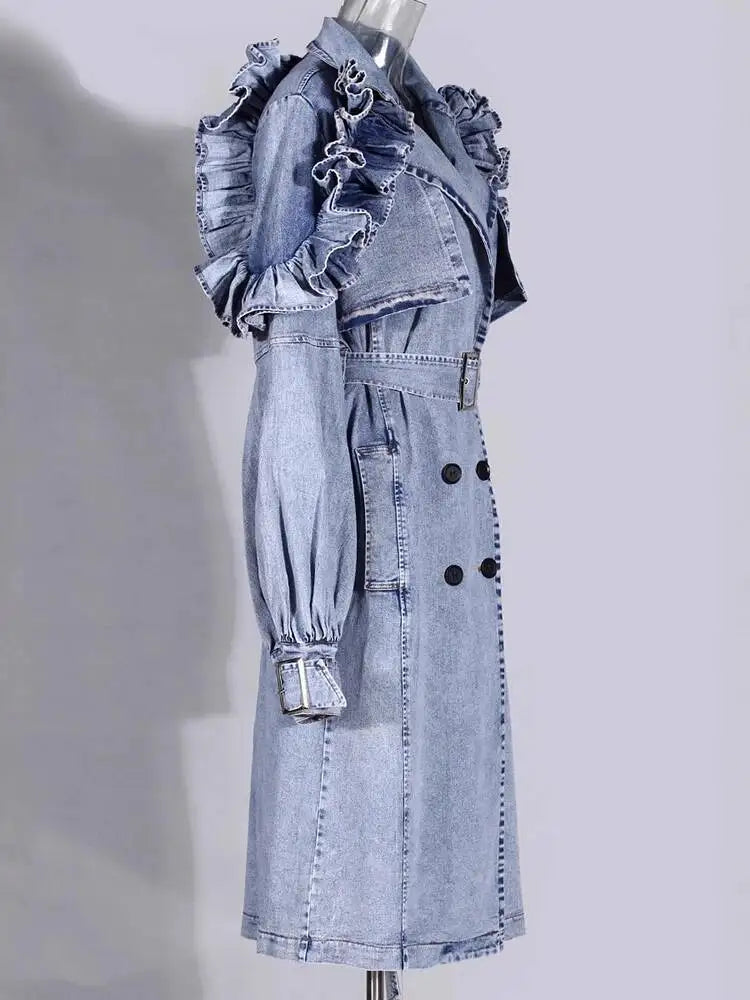 Women's Double Breasted Denim Ruffle Trench Coat Windbreaker Jacket