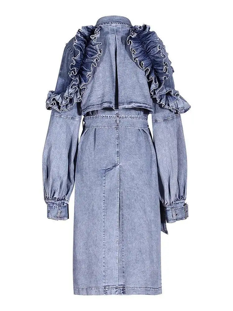 Women's Double Breasted Denim Ruffle Trench Coat Windbreaker Jacket