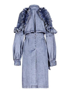 Women's Double Breasted Denim Ruffle Trench Coat Windbreaker Jacket