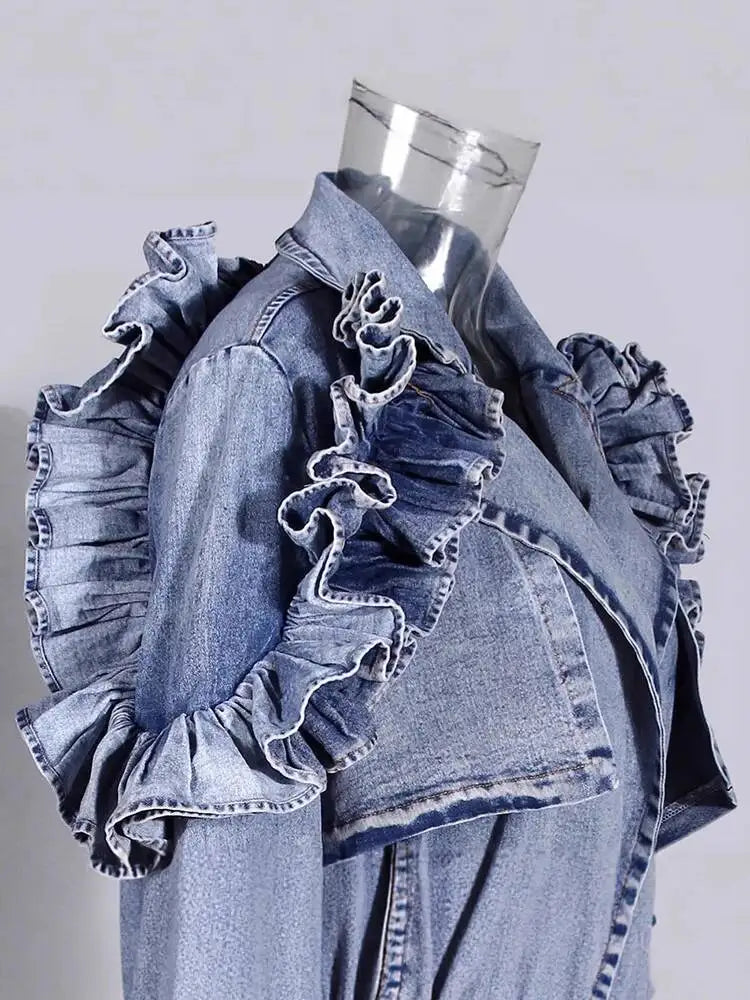 Women's Double Breasted Denim Ruffle Trench Coat Windbreaker Jacket