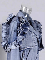 Women's Double Breasted Denim Ruffle Trench Coat Windbreaker Jacket