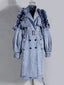 Women's Double Breasted Denim Ruffle Trench Coat Windbreaker Jacket