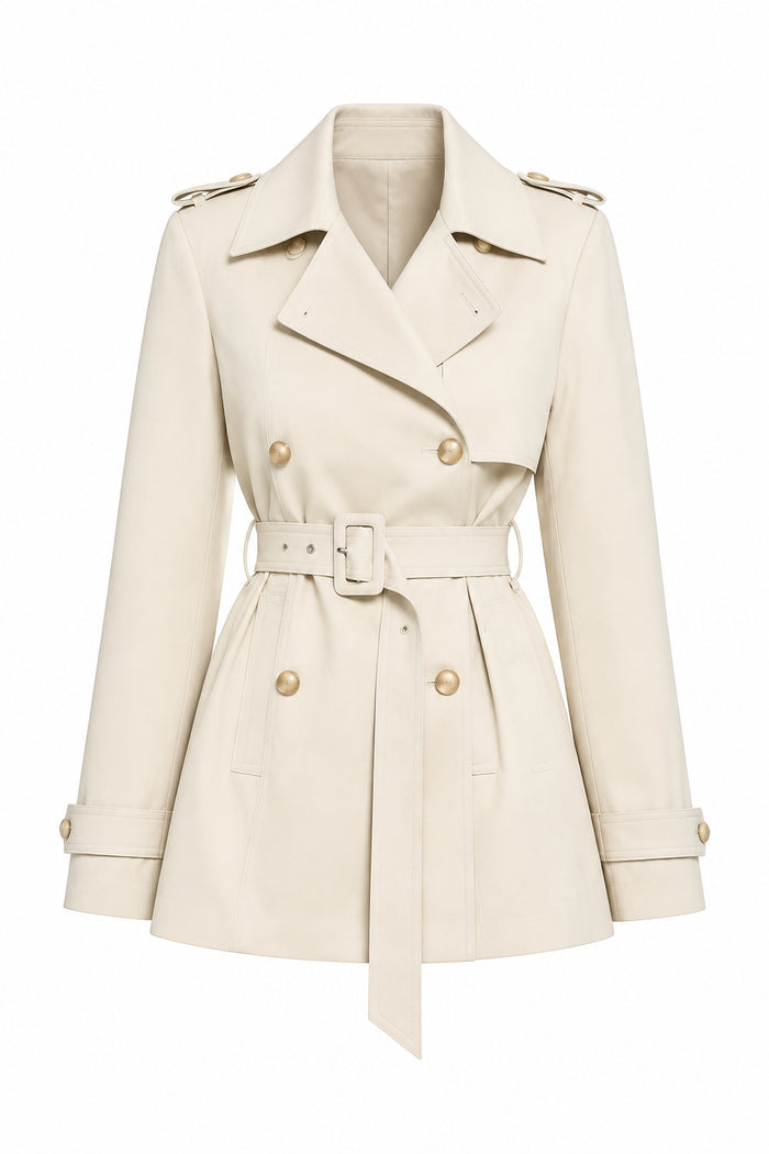 Women's Double-Breasted Short Trench Coat with Tie-Up Belt
