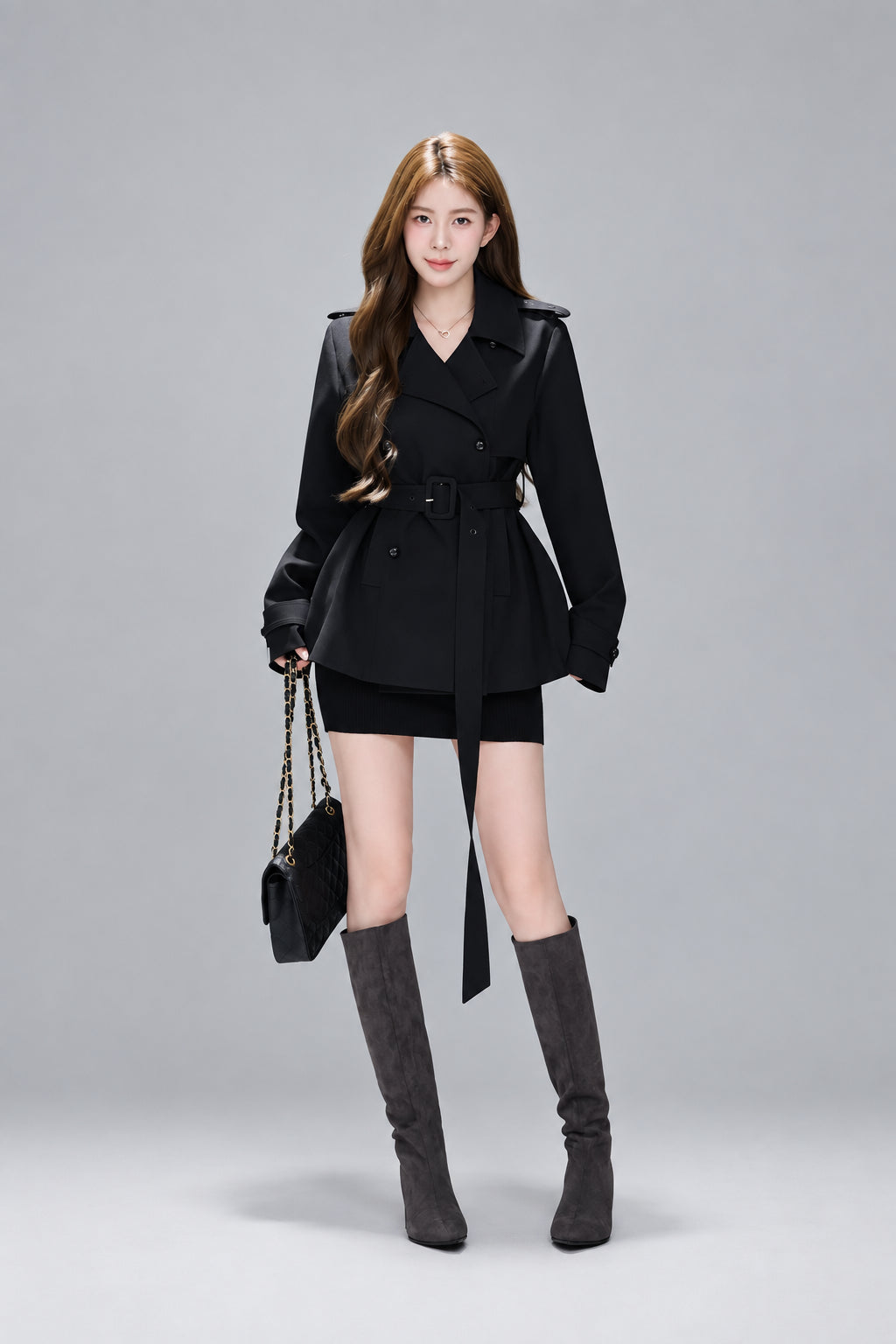 Women's Double-Breasted Short Trench Coat with Tie-Up Belt