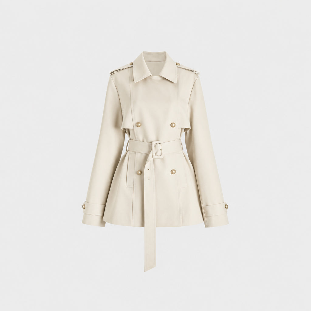 Women's Double-Breasted Short Trench Coat with Tie-Up Belt