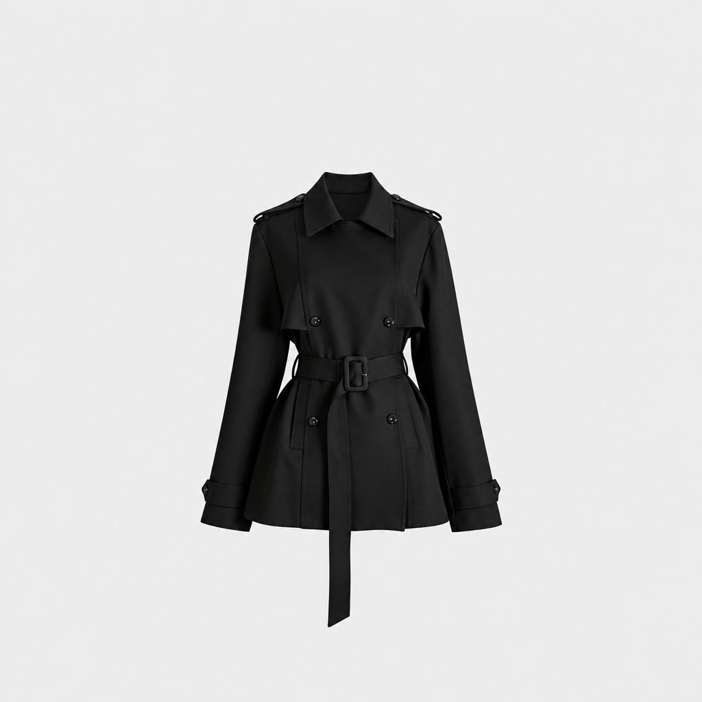 Women's Double-Breasted Short Trench Coat with Tie-Up Belt