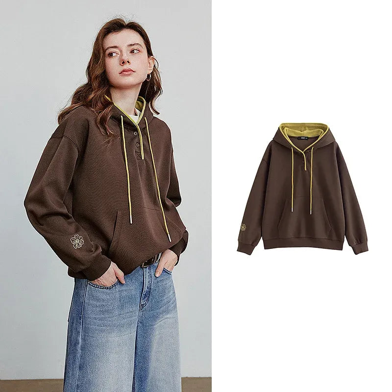 Women's Embroidery Splicing Contrasting Color Hooded Pullover Sweatshirt