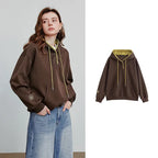 Women's Embroidery Splicing Contrasting Color Hooded Pullover Sweatshirt