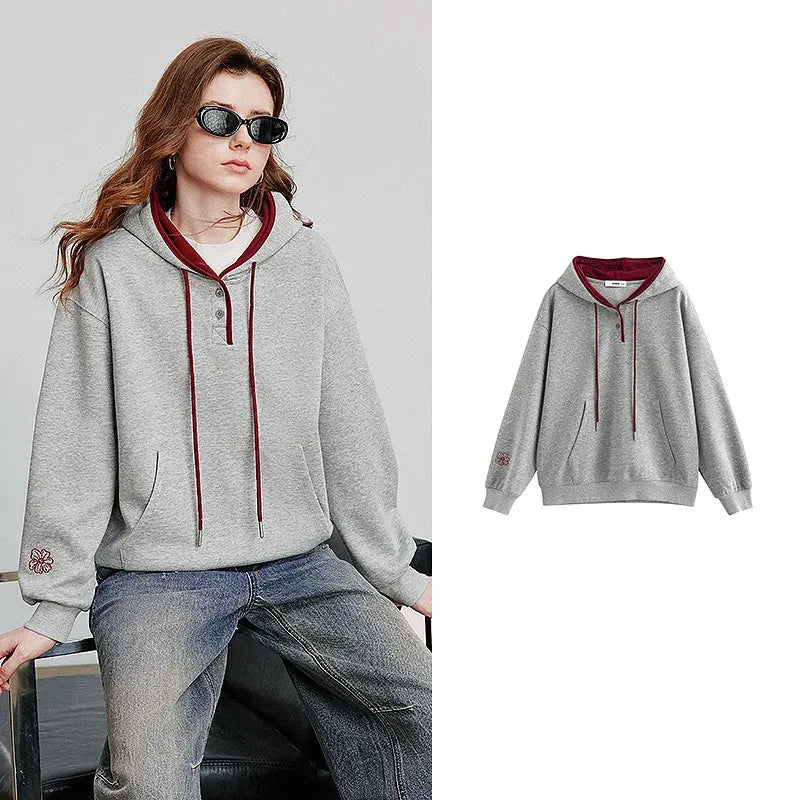 Women's Embroidery Splicing Contrasting Color Hooded Pullover Sweatshirt