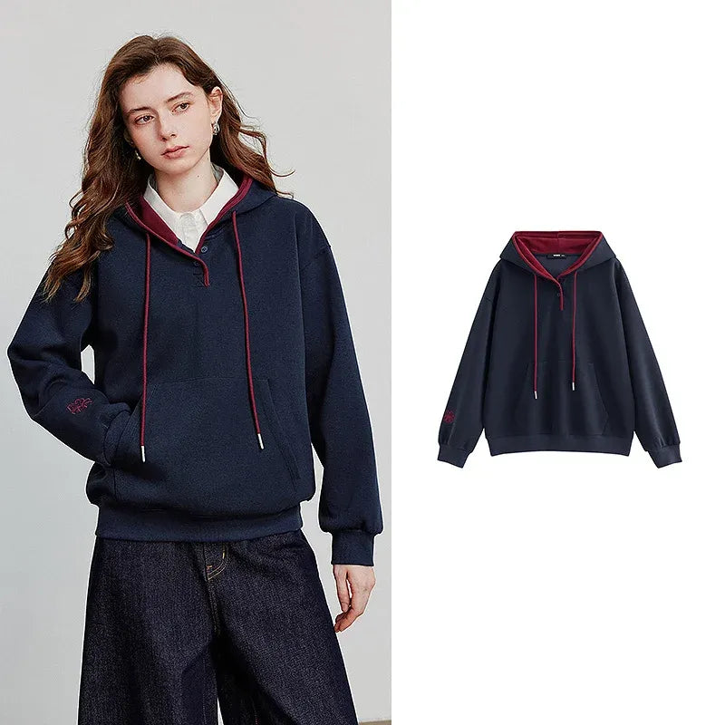 Women's Embroidery Splicing Contrasting Color Hooded Pullover Sweatshirt