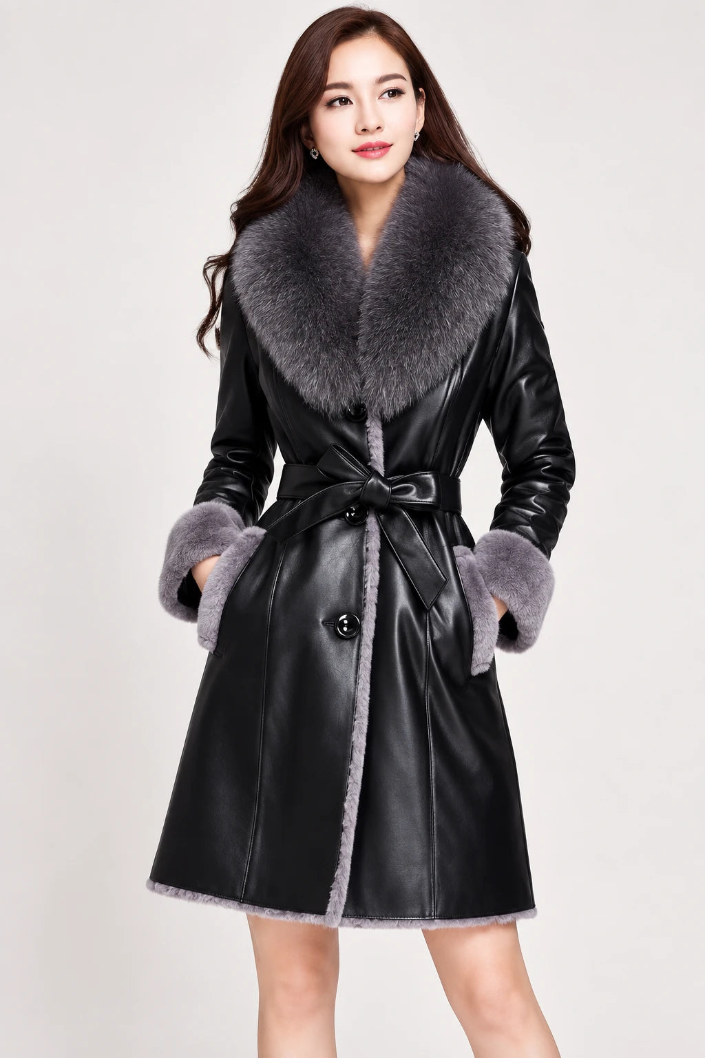 Women's Fleece Lapel Collar Long Trench Coat Jacket