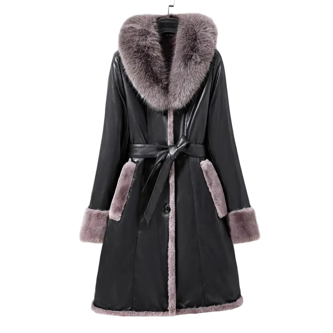 Women's Fleece Lapel Collar Long Trench Coat Jacket