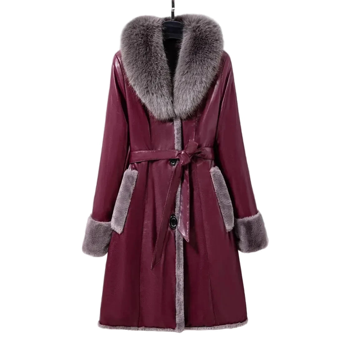 Women's Fleece Lapel Collar Long Trench Coat Jacket