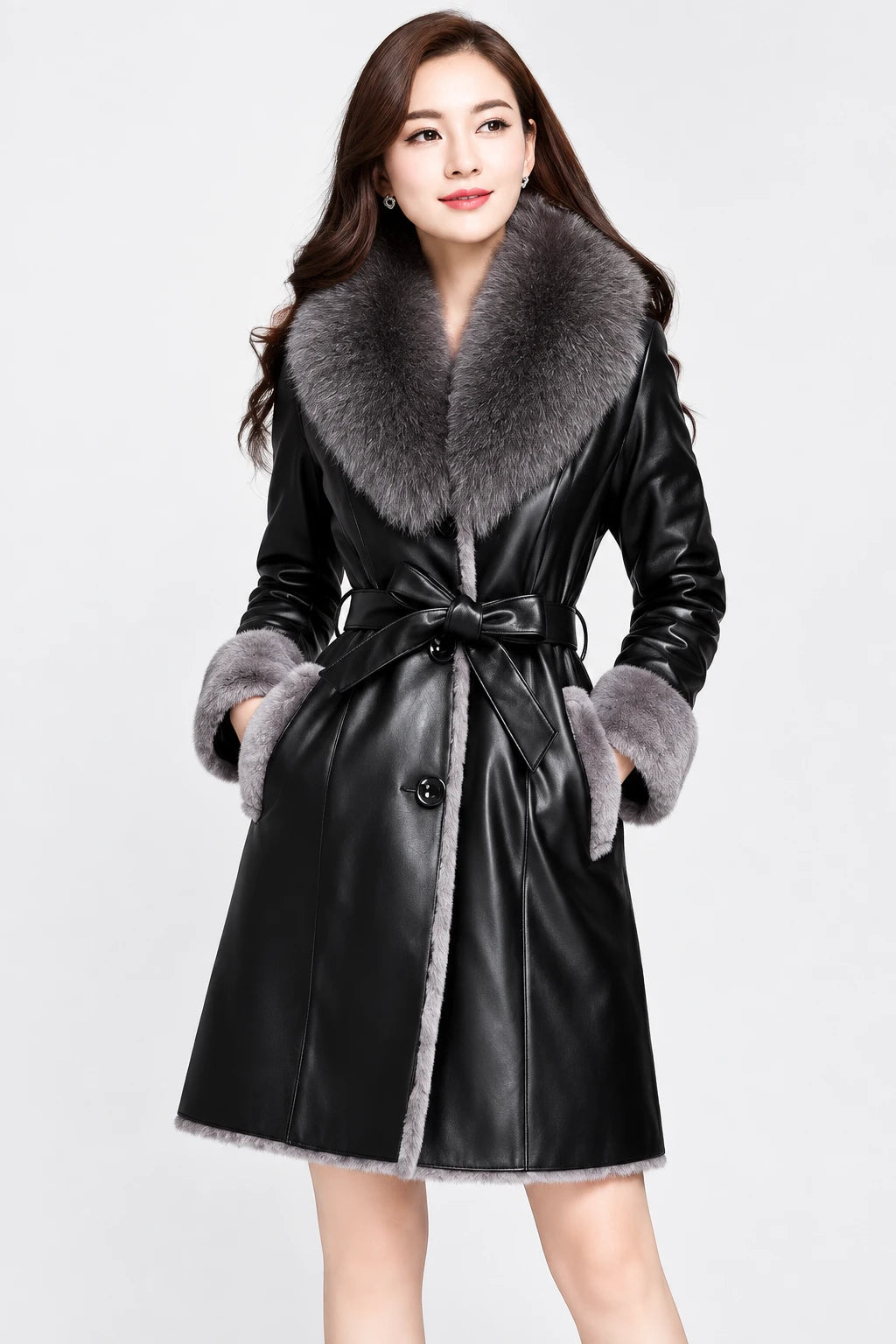 Women's Fleece Lapel Collar Long Trench Coat Jacket