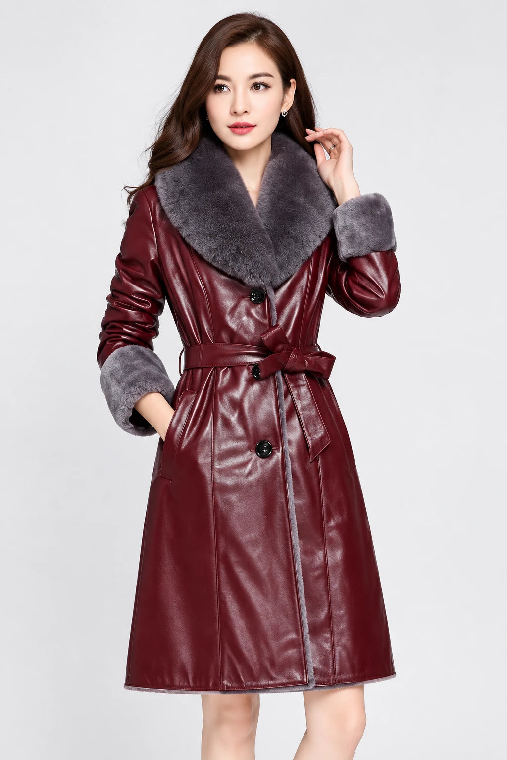 Women's Fleece Lapel Collar Long Trench Coat Jacket