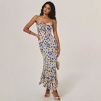 Women's Floral Print Drawstring Ruched Mermaid Hem Midi Dress