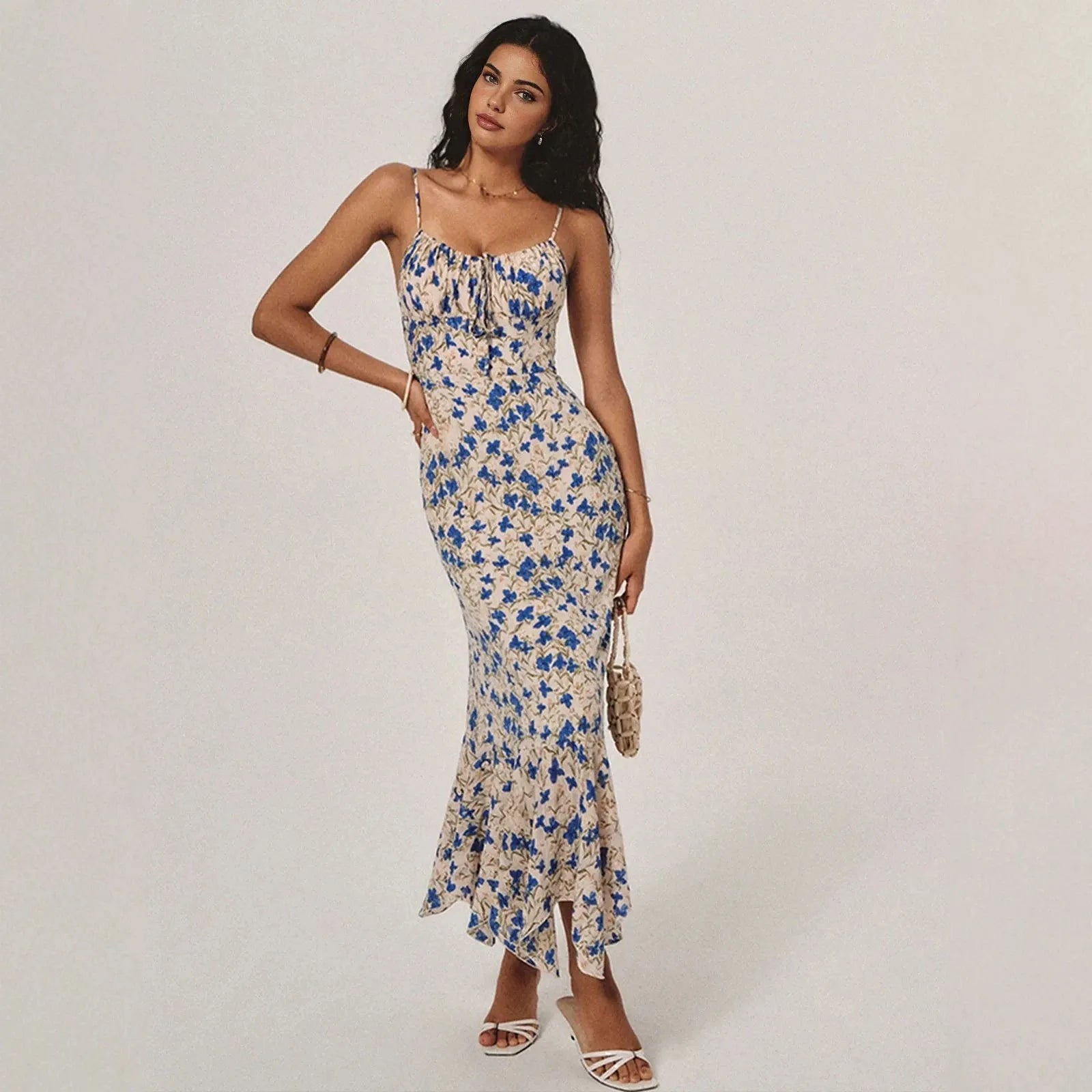 Women's Floral Print Drawstring Ruched Mermaid Hem Midi Dress