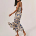 Women's Floral Print Drawstring Ruched Mermaid Hem Midi Dress