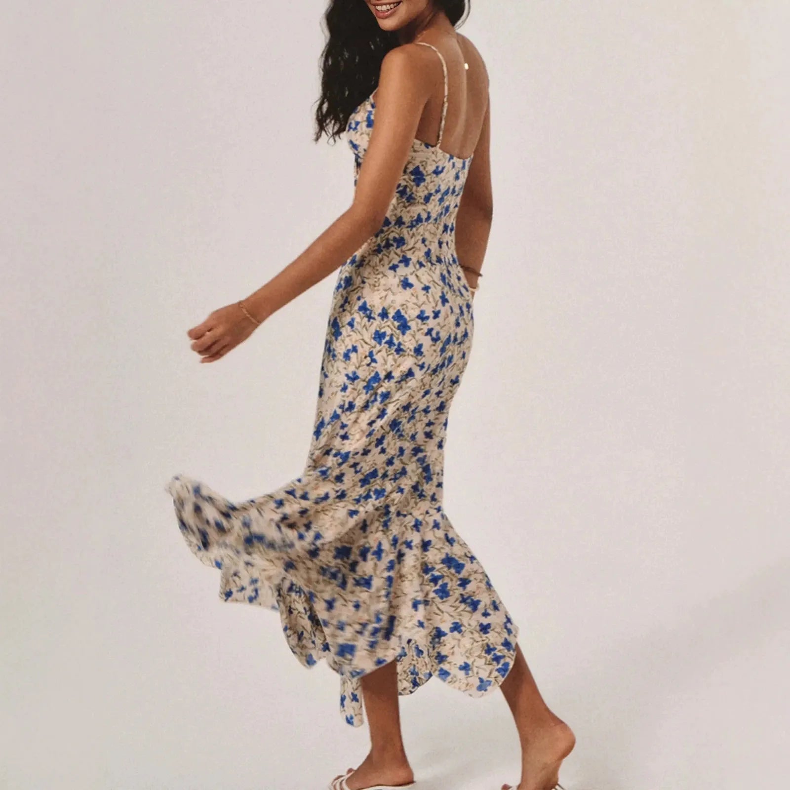 Women's Floral Print Drawstring Ruched Mermaid Hem Midi Dress