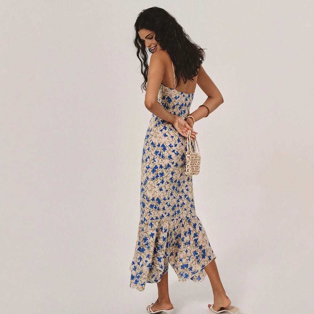 Women's Floral Print Drawstring Ruched Mermaid Hem Midi Dress