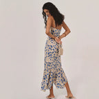Women's Floral Print Drawstring Ruched Mermaid Hem Midi Dress